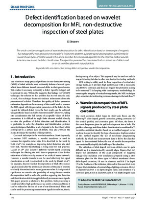 Defect identification based on wavelet decomposition for MFL non-destructive inspection of steel plates.— D. Slesarev. Insight, Vol 63, № 3, March 2021
